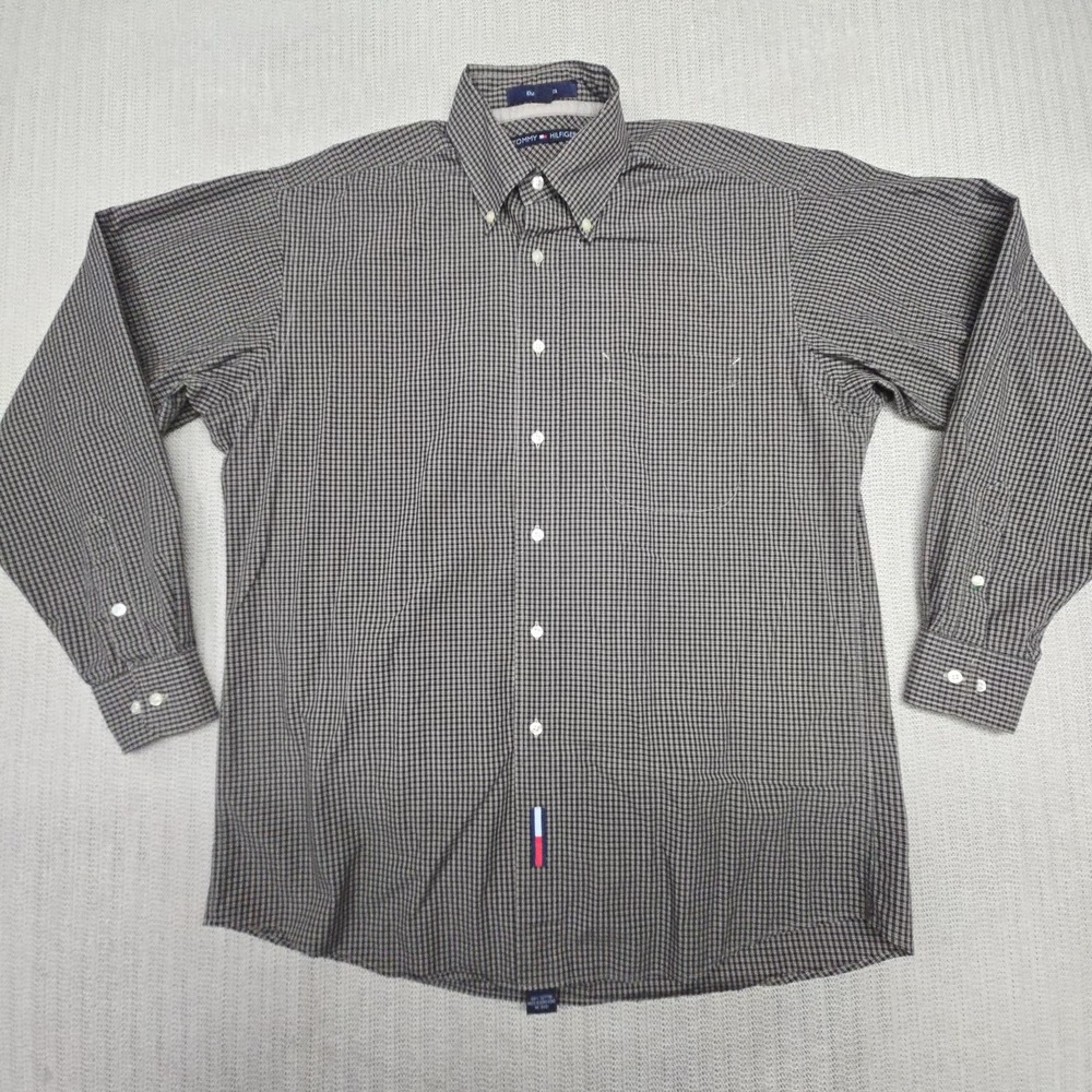 Tommy Hilfiger Shirt Mens Medium 15.5 34/35 Beige Check Button Down Long Sleeve